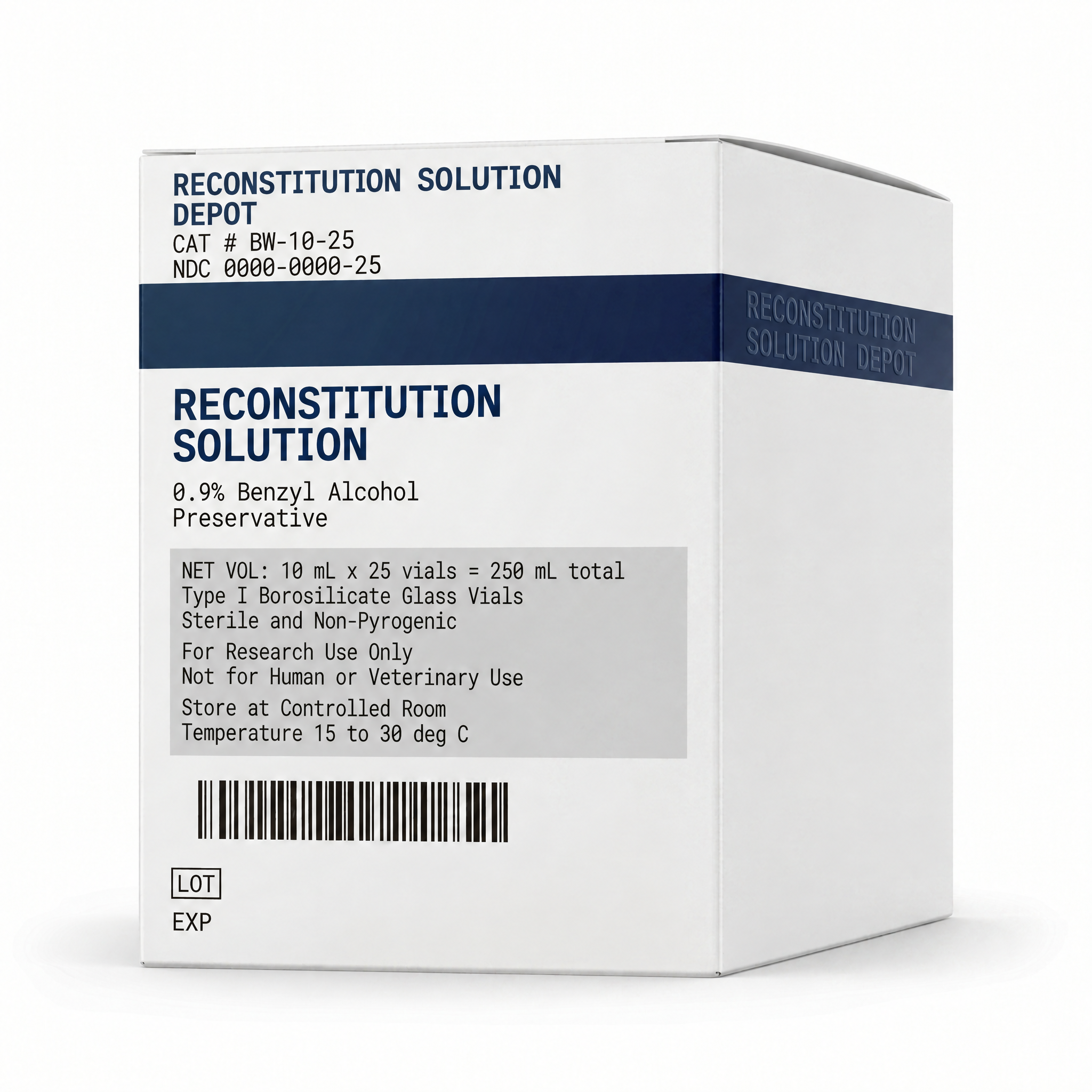 Reconstitution Solution Depot 25-Vial Pack · 25× 10mL Reconstitution Solution · CAT BW-10-25